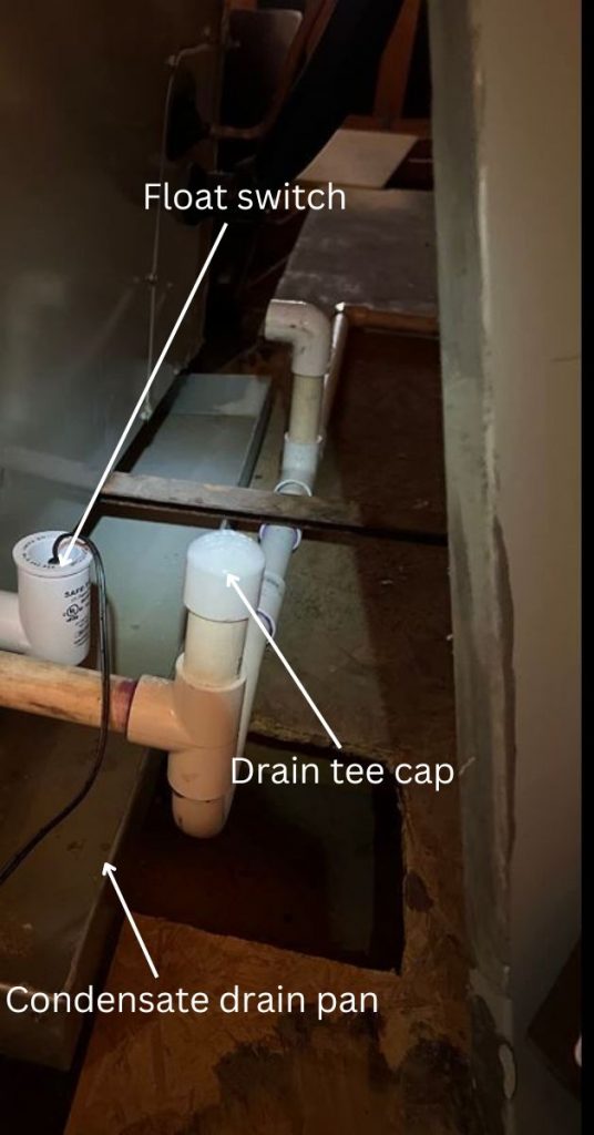 Air conditioner condensate drain line, drip pan and float switch
