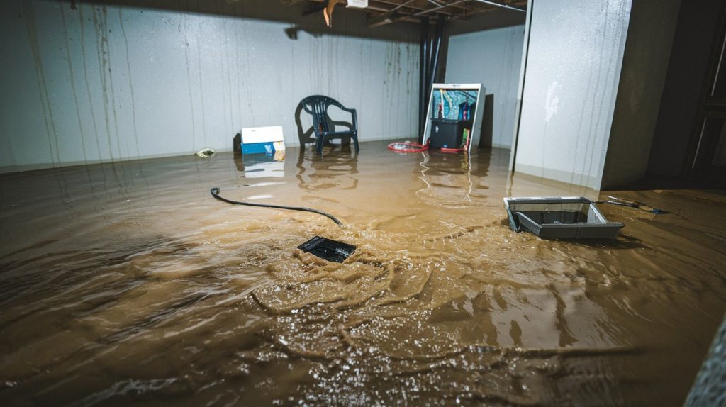 Basement drain overflowing with dirty water after heavy rainfall