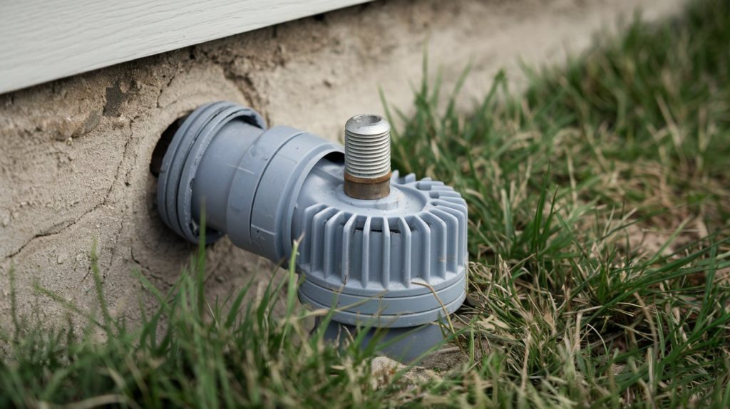 Residential sewer cleanout pipe with screw cap near home foundation