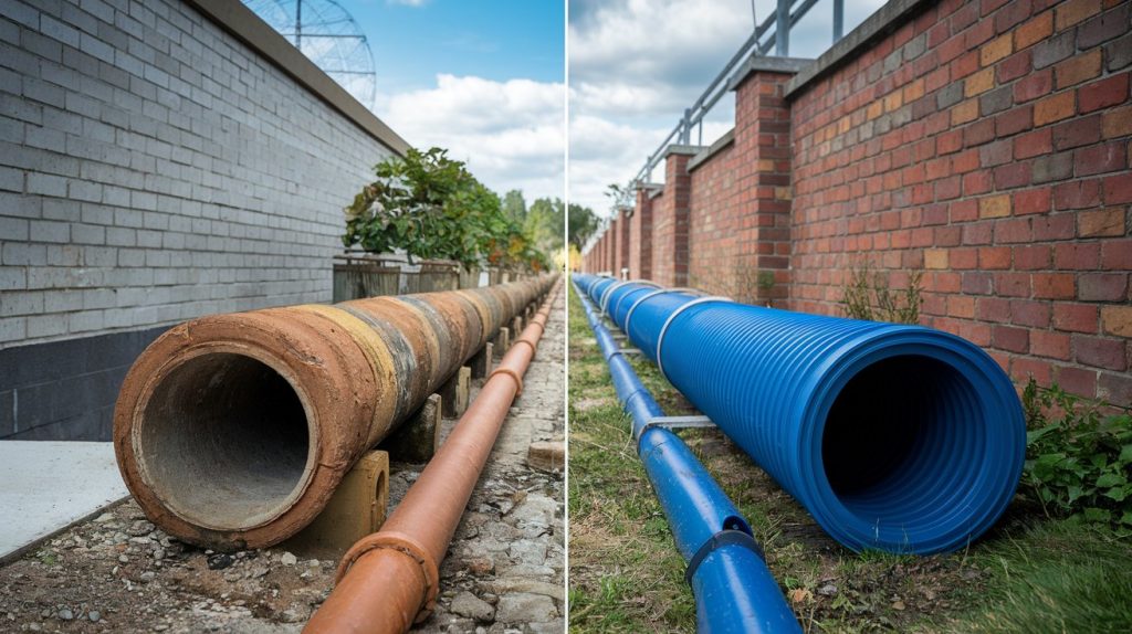 Side-by-side comparison of old clay pipe and new plastic sewer pipe