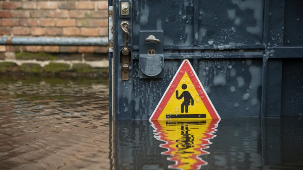 Warning sign on a flooded basement door due to sewage contamination