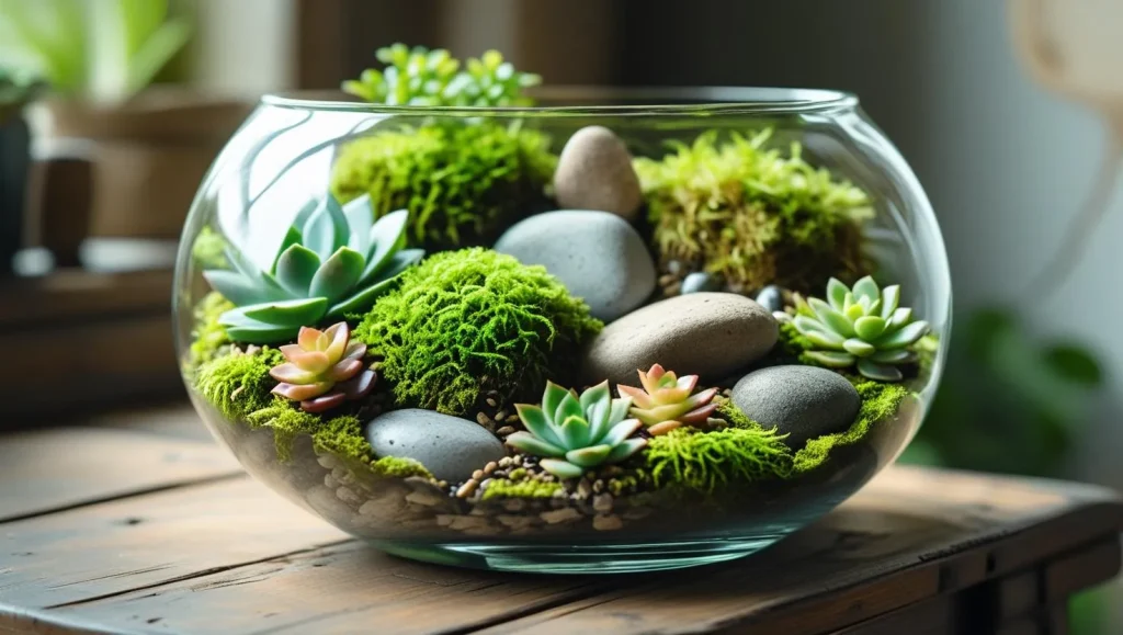 Glass terrarium with moss, stones, and succulents sitting on a wooden desk