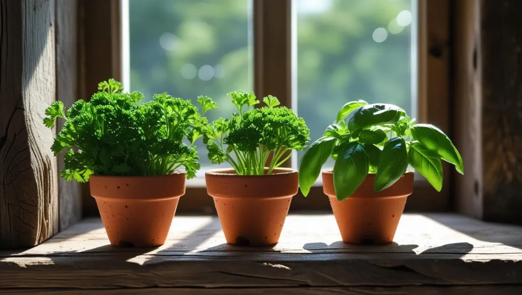 Mini herb pots on a rustic wooden kitchen shelf with fresh parsley and basil