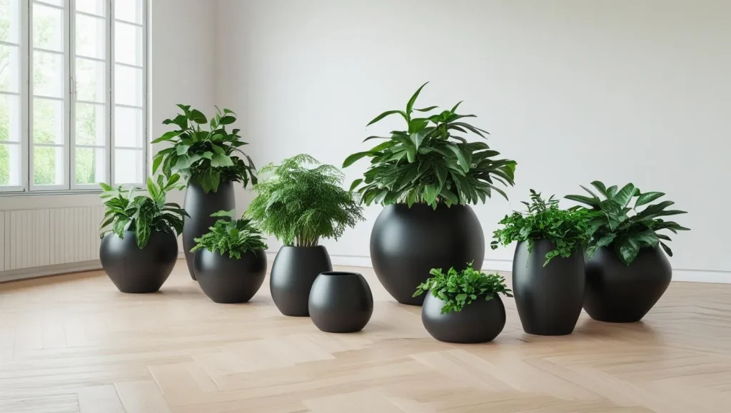 Mix of matte black and ceramic planters grouped in a bright minimalist living room