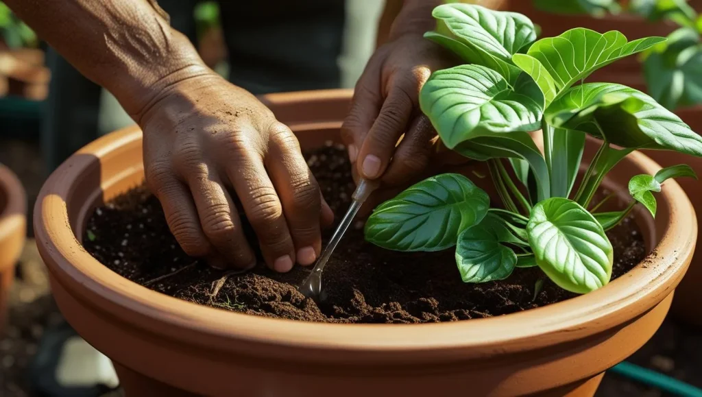 Person testing soil moisture before watering a plant in a terracotta pot