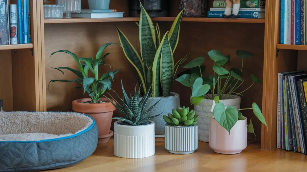 Pet-safe plant collection arranged on a corner shelf beside a dog bed