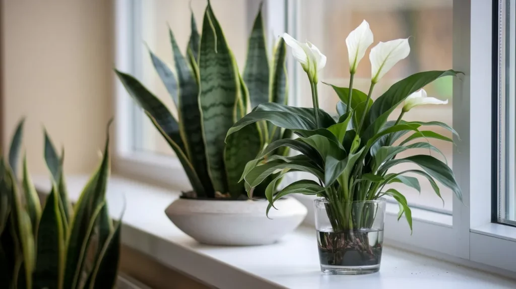 Snake plant and peace lily on a white windowsill in soft daylight