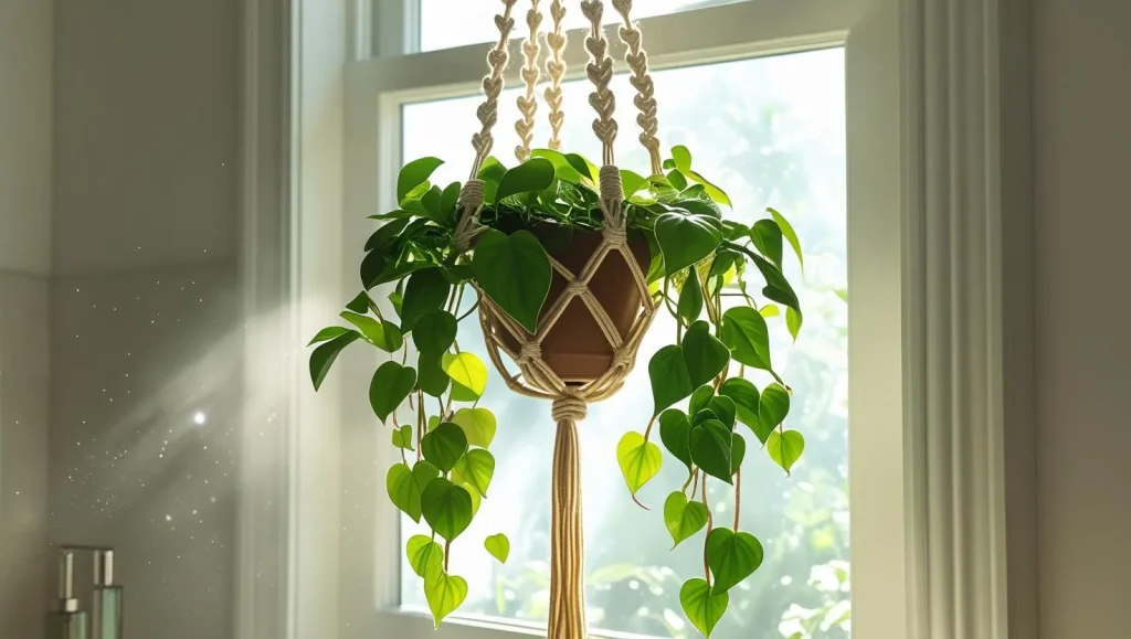Trailing pothos in a macrame hanger in front of a bright bathroom window
