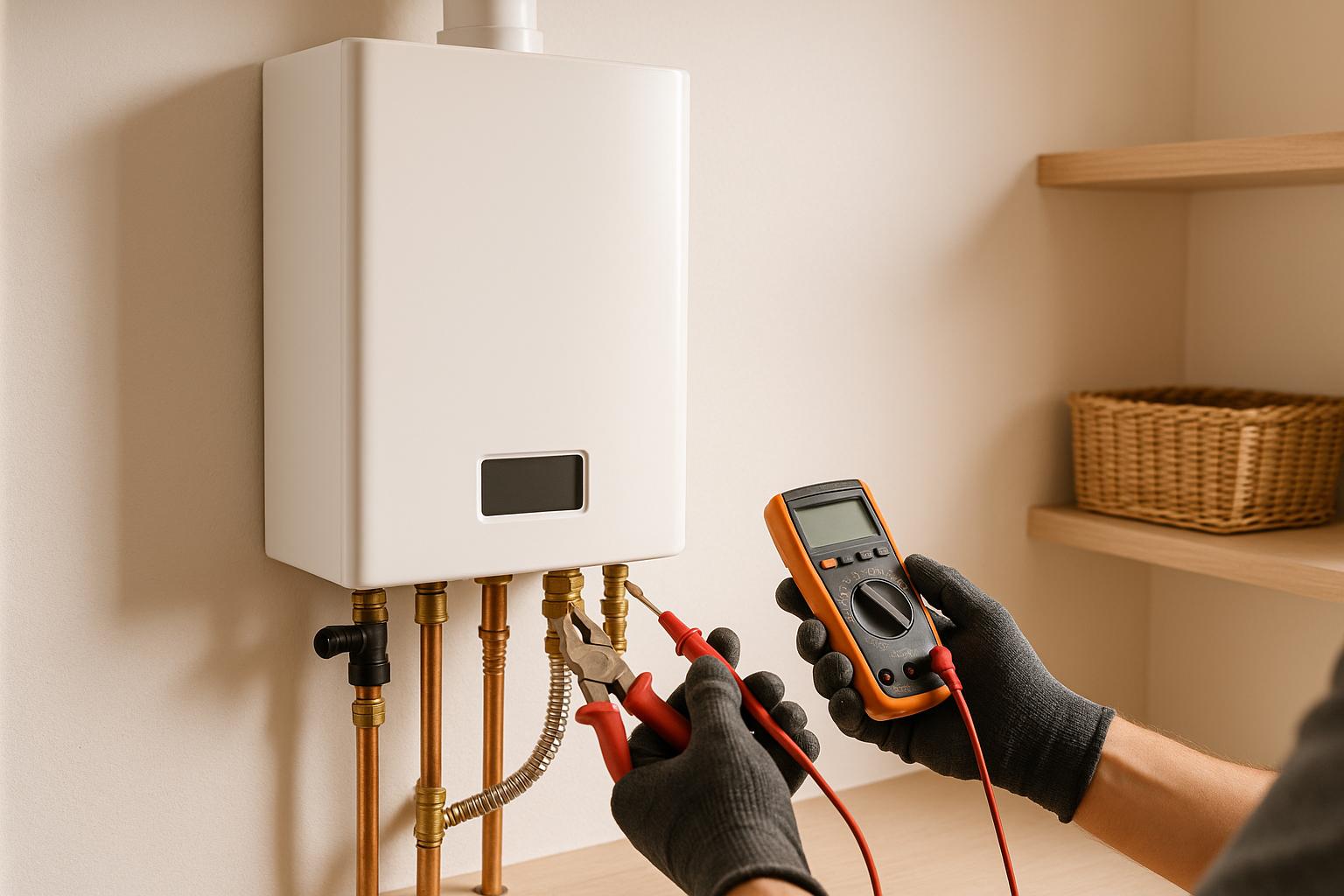 Plumber inspecting water heater, documentation for homeowners insurance claim