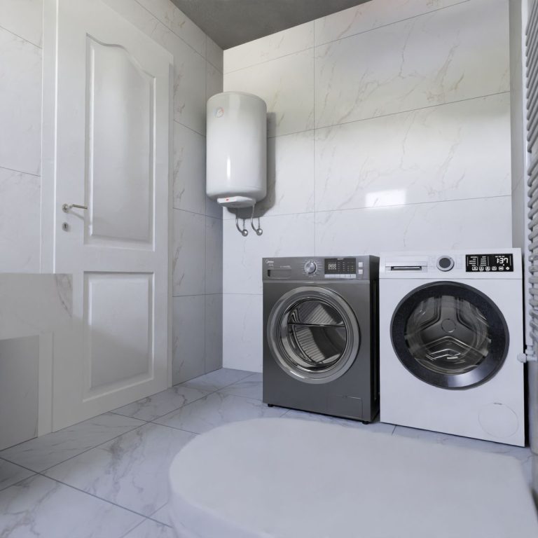 Modern water heater installed in residential home utility room